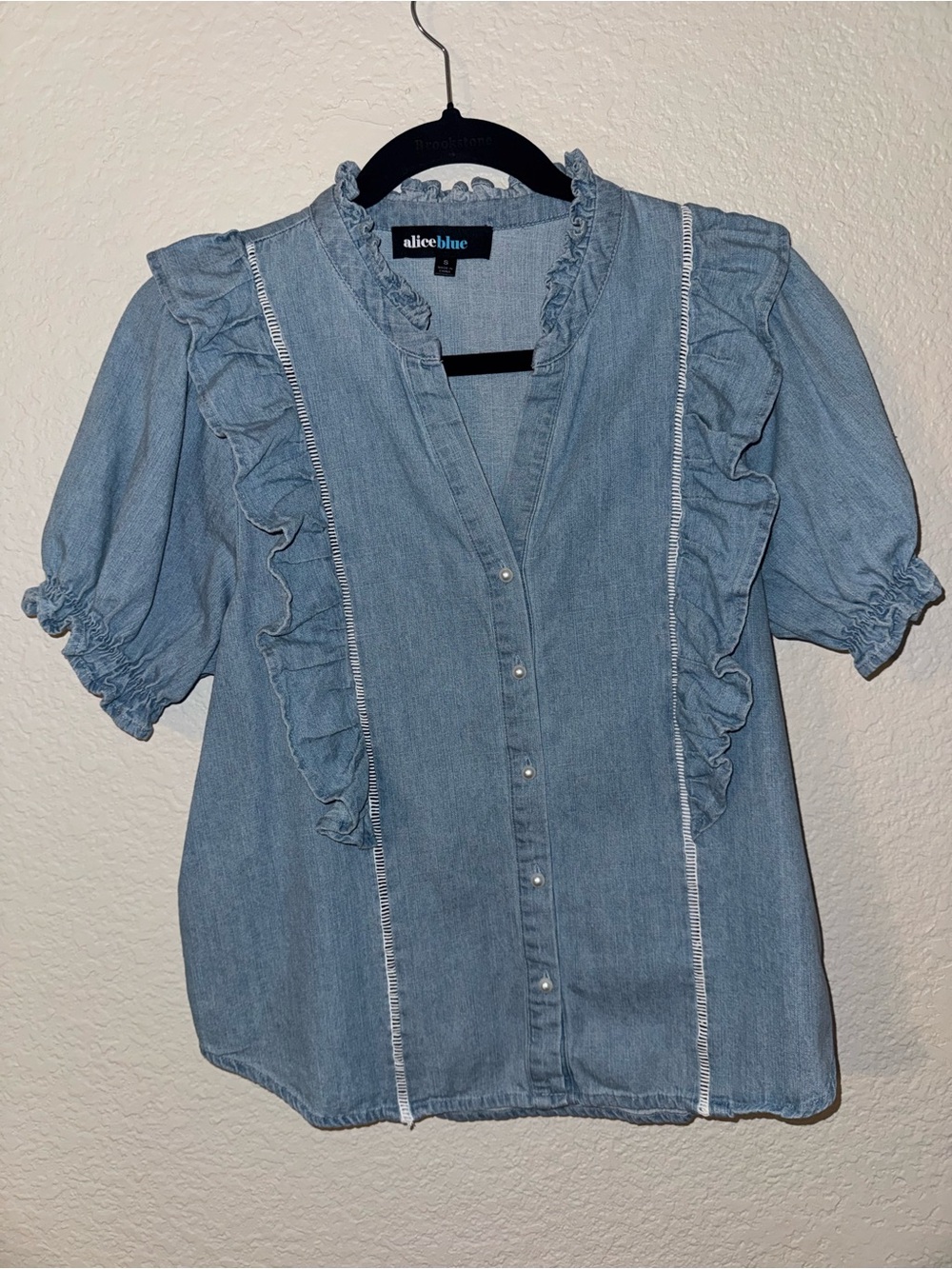 Alice Blue Light Denim Ruffle Button-Front Blouse